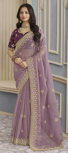 Purple and Violet color Saree in Crushed Silk fabric with Bugle Beads, Embroidered, Thread work