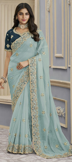 Green color Saree in Georgette fabric with Bugle Beads, Embroidered, Thread work