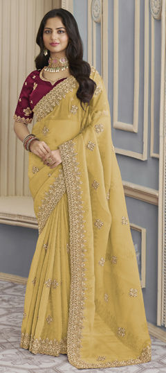 Yellow color Saree in Crushed Silk fabric with Bugle Beads, Embroidered, Thread work