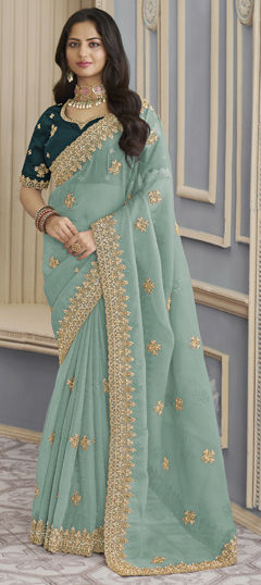 Green color Saree in Crushed Silk fabric with Bugle Beads, Embroidered, Thread work