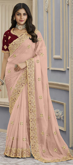 Pink and Majenta color Saree in Georgette fabric with Bugle Beads, Embroidered, Thread work