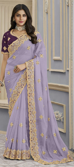 Purple and Violet color Saree in Georgette fabric with Bugle Beads, Embroidered, Thread work