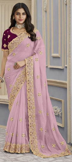 Pink and Majenta color Saree in Georgette fabric with Bugle Beads, Embroidered, Thread work