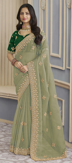 Green color Saree in Crushed Silk fabric with Bugle Beads, Embroidered, Thread work