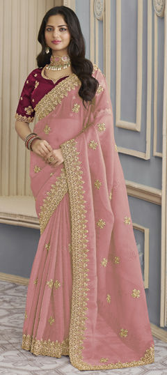 Pink and Majenta color Saree in Crushed Silk fabric with Bugle Beads, Embroidered, Thread work