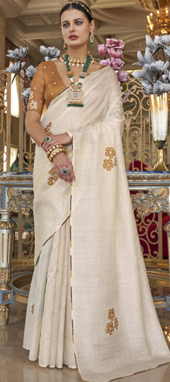 White and Off White color Saree in Tussar Silk fabric with Cut Dana, Sequence work