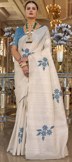 White and Off White color Saree in Tussar Silk fabric with Cut Dana, Sequence work