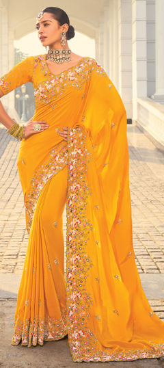 Yellow color Saree in Crepe Silk fabric with Border, Embroidered, Mirror, Moti, Thread, Zircon work