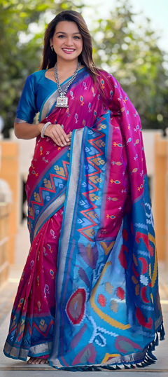 Pink and Majenta color Saree in Silk fabric with Printed work