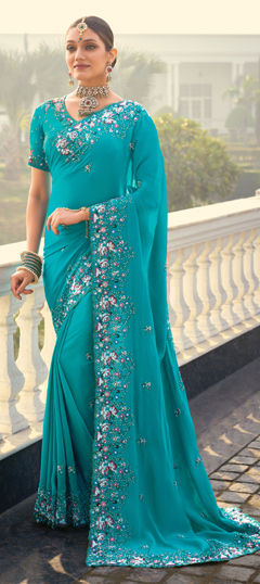 Blue color Saree in Crepe Silk fabric with Border, Embroidered, Mirror, Thread, Zircon work