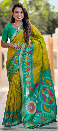 Yellow color Saree in Silk fabric with Printed work