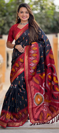 Black and Grey color Saree in Silk fabric with Printed work