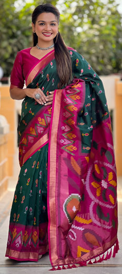 Green color Saree in Silk fabric with Printed work