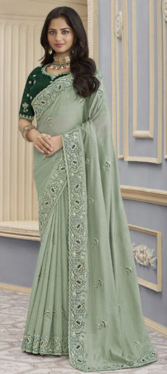 Green color Saree in Georgette fabric with Bugle Beads, Embroidered, Thread work