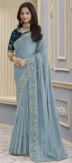 Blue color Saree in Georgette fabric with Bugle Beads, Embroidered, Thread work