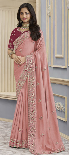 Pink and Majenta color Saree in Georgette fabric with Bugle Beads, Embroidered, Thread work