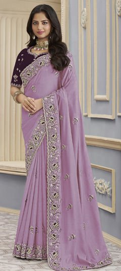 Purple and Violet color Saree in Georgette fabric with Bugle Beads, Embroidered, Thread work