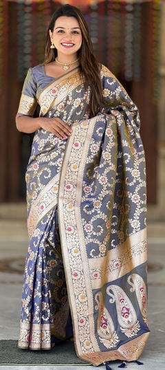 Black and Grey color Saree in Banarasi Silk fabric with Weaving, Zari work