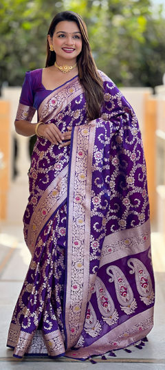 Purple and Violet color Saree in Banarasi Silk fabric with Weaving, Zari work