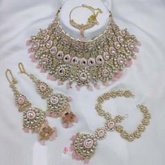 Gold Rodium Polish Pink and Majenta color Bridal Jewelry in Metal Alloy studded with CZ Diamond, Kundan