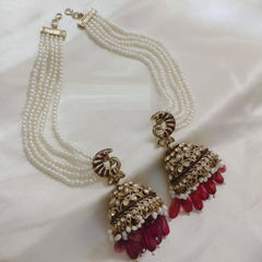 Gold Rodium Polish Red and Maroon color Earrings in Metal Alloy studded with CZ Diamond, Pearl