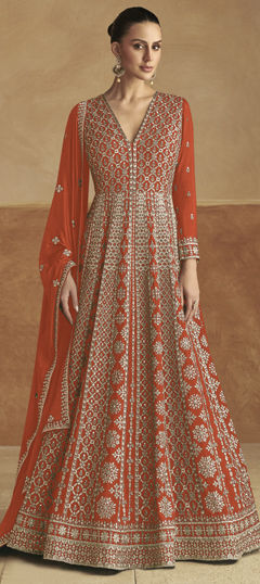 Beige and Brown color Gown in Silk fabric with Embroidered, Sequence, Thread, Zari work