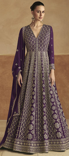 Purple and Violet color Gown in Silk fabric with Embroidered, Sequence, Thread, Zari work