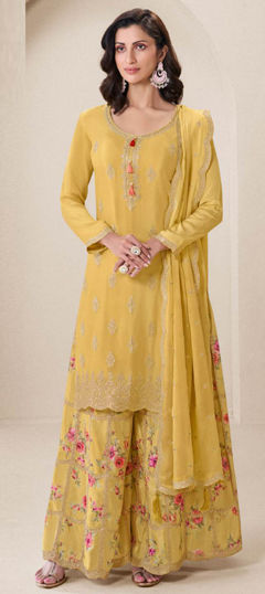 Yellow color Salwar Kameez in Silk fabric with Embroidered, Thread, Zari work