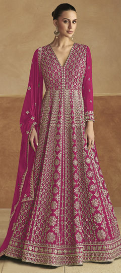 Pink and Majenta color Gown in Silk fabric with Embroidered, Sequence, Thread, Zari work