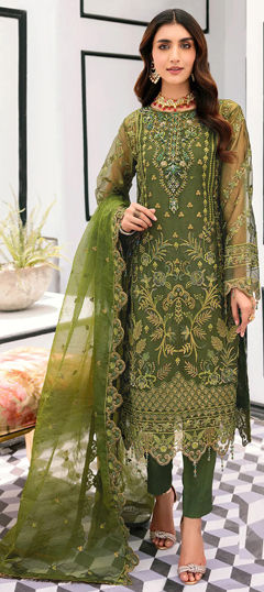 Green color Salwar Kameez in Organza Silk fabric with Bugle Beads, Cut Dana, Sequence work