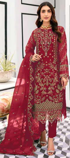 Red and Maroon color Salwar Kameez in Organza Silk fabric with Bugle Beads, Cut Dana, Sequence work