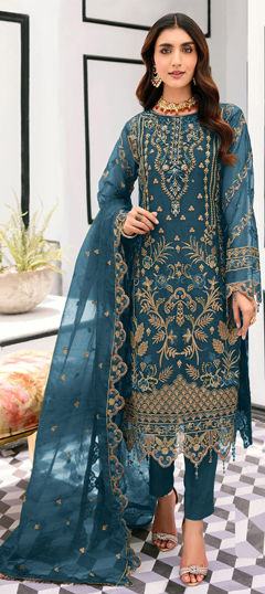 Blue color Salwar Kameez in Organza Silk fabric with Bugle Beads, Cut Dana, Sequence work