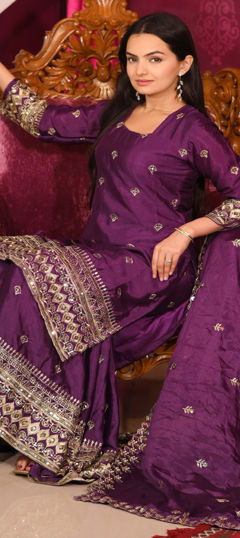 Purple and Violet color Salwar Kameez in Silk fabric with Embroidered, Sequence, Thread work