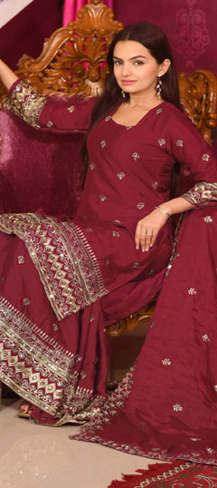 Red and Maroon color Salwar Kameez in Silk fabric with Embroidered, Sequence, Thread work