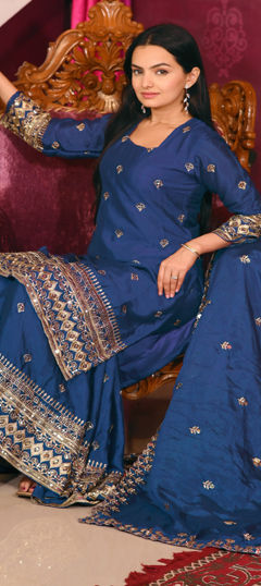 Blue color Salwar Kameez in Silk fabric with Embroidered, Sequence, Thread work
