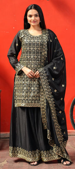 Black and Grey color Salwar Kameez in Silk fabric with Embroidered, Sequence, Thread work