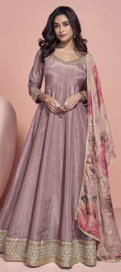 Purple and Violet color Gown in Organza Silk fabric with Mirror, Moti, Thread, Zari work