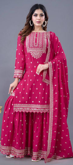 Pink and Majenta color Salwar Kameez in Silk fabric with Embroidered, Sequence, Thread work