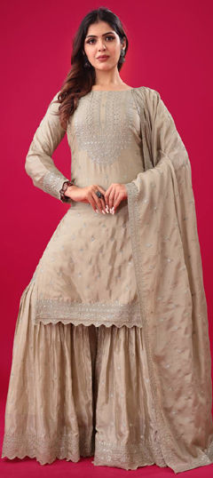 Beige and Brown color Salwar Kameez in Silk fabric with Embroidered, Sequence, Thread work