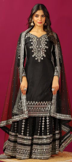 Black and Grey color Salwar Kameez in Silk fabric with Embroidered, Sequence, Thread work