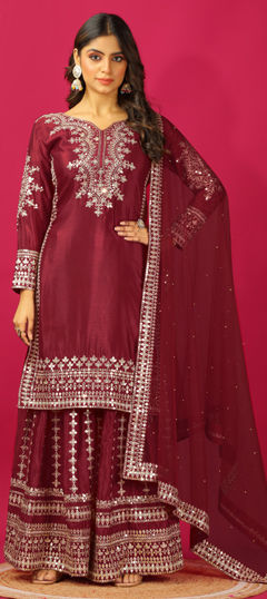 Red and Maroon color Salwar Kameez in Silk fabric with Embroidered, Sequence, Thread work