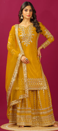 Yellow color Salwar Kameez in Silk fabric with Embroidered, Sequence, Thread work