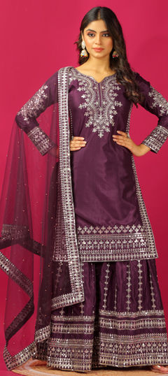 Purple and Violet color Salwar Kameez in Silk fabric with Embroidered, Sequence, Thread work