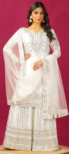 White and Off White color Salwar Kameez in Silk fabric with Embroidered, Sequence, Thread work