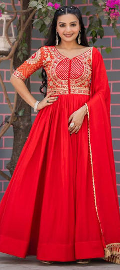 Red and Maroon color Gown in Silk fabric with Embroidered, Sequence, Thread work