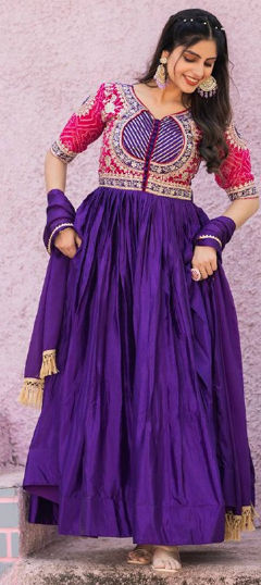 Blue color Gown in Silk fabric with Embroidered, Sequence, Thread work