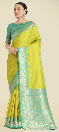 Green color Saree in Banarasi Silk fabric with Weaving, Zari work