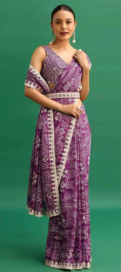 Purple and Violet color Saree in Silk fabric with Embroidered, Printed, Sequence, Thread work