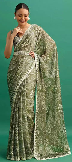 Green color Saree in Silk fabric with Embroidered, Printed, Sequence, Thread work