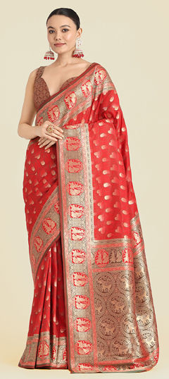 Red and Maroon color Saree in Banarasi Silk fabric with Weaving, Zari work